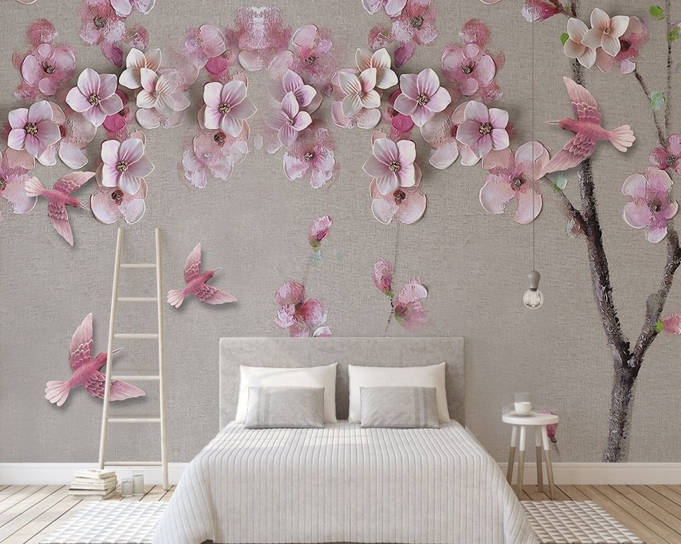 Cherry Blossom with Pink Birds Wallpaper Mural - Peel and Stick