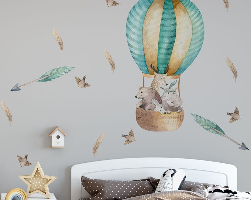 Kids Watercolor Hot Air Balloon with Animals and Colorful Feathers Wall Decal Sticker