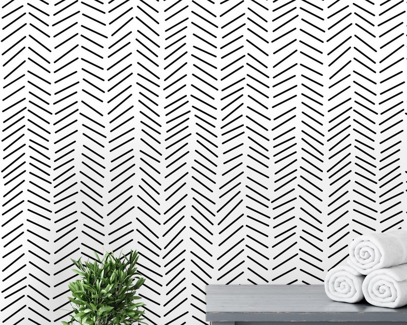 Modern Herringbone Line Black and White  Wallpaper Mural