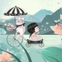 Cute Little Girl with Cat and Pink Lotus Cartoon Wallpaper Mural for Girls Room