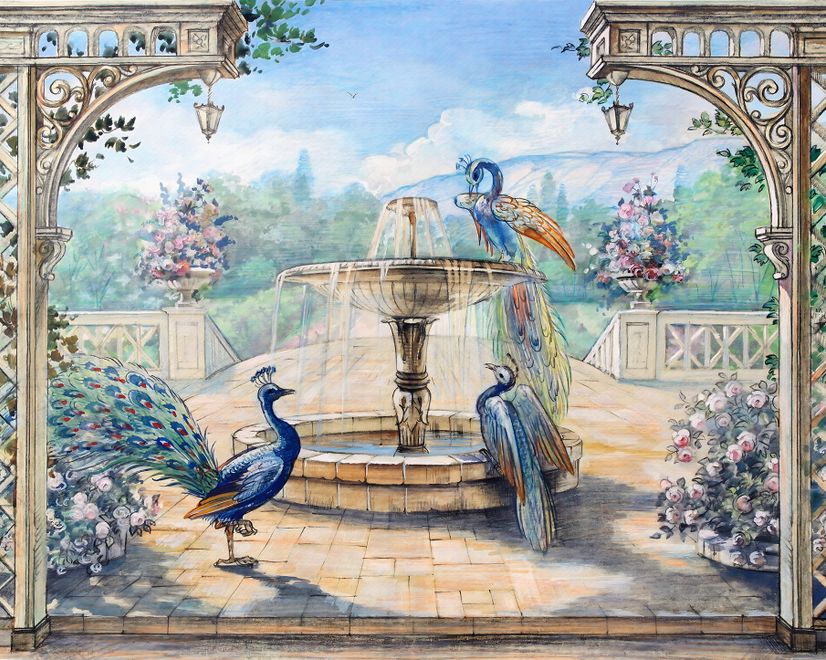 Painting Garden with Fountain, Peacock and Roman Column Wallpaper Mural