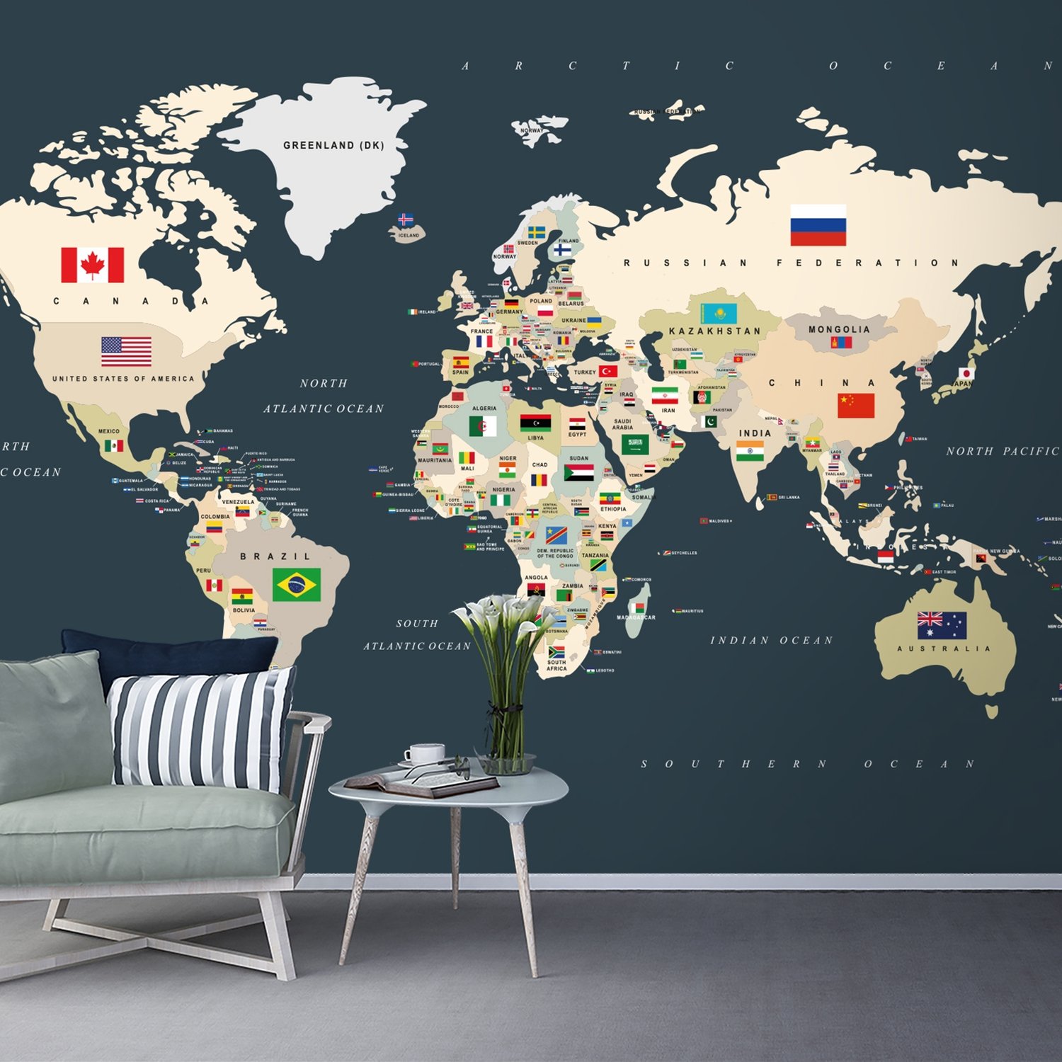 Political World Map with Country Flags Wallpaper Mural - Peel and Stick