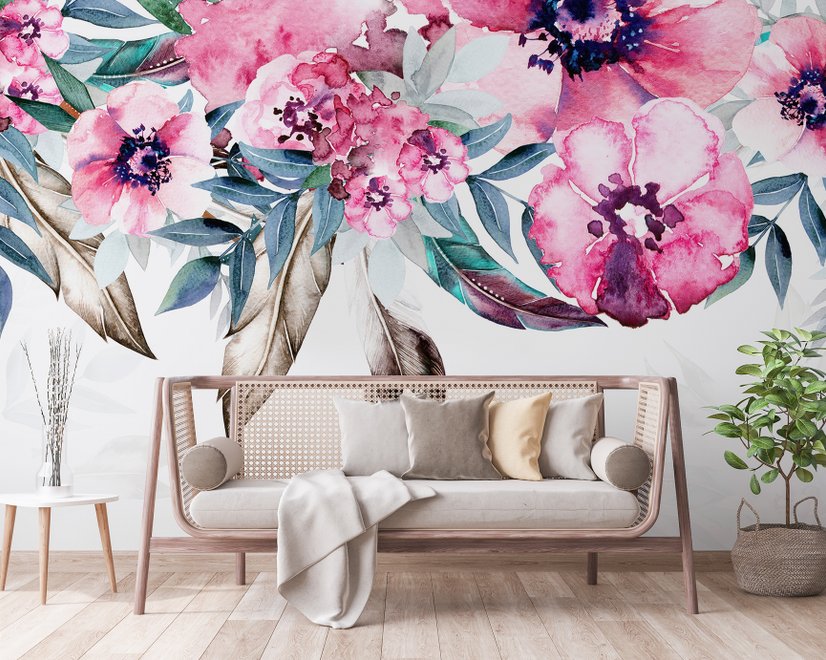 Papier peint panoramique fleur de pivoine rose aquarelle