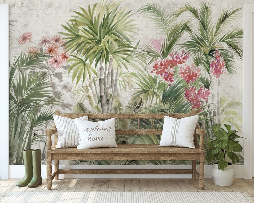 Aquarell Tropenblätter und Blumen Fototapete