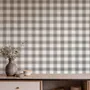 Beige, oat and cream-white plaid wallpaper with fine navy-blue stripes and printed linen texture