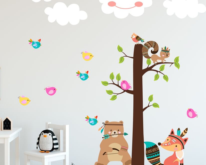 Kids Cute Fox and Bear and Cartoon Tree with Little Birds Wall Decal Sticker