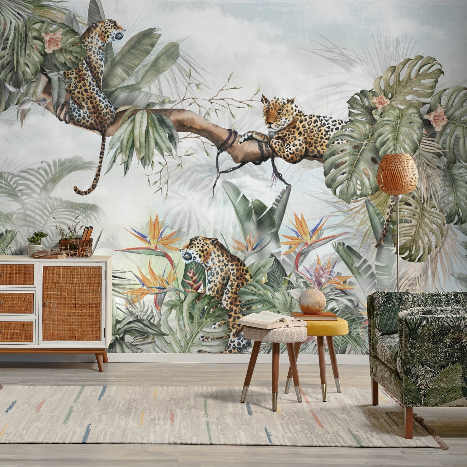 Leopards and Tropical Leaves Wallpaper Mural - Peel and Stick