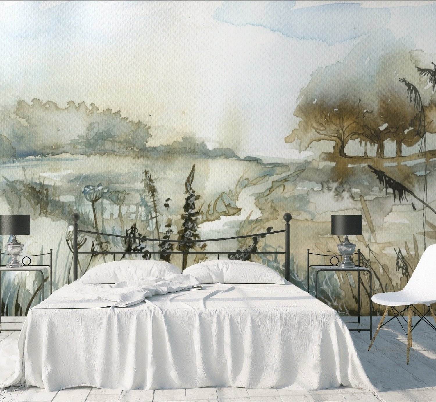 Watercolor Style Botanical Landscape Wallpaper Mural - Peel and Stick