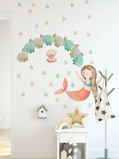 Stickers muraux sirènes filles huître perle enfants