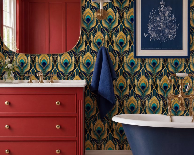 Art Deco feathers wallpaper with turquoise peacock eyes, gold plumes and navy teal ground