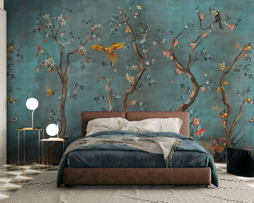 Papier peint panoramique aquarelle Chinoiserie arbres fruitiers