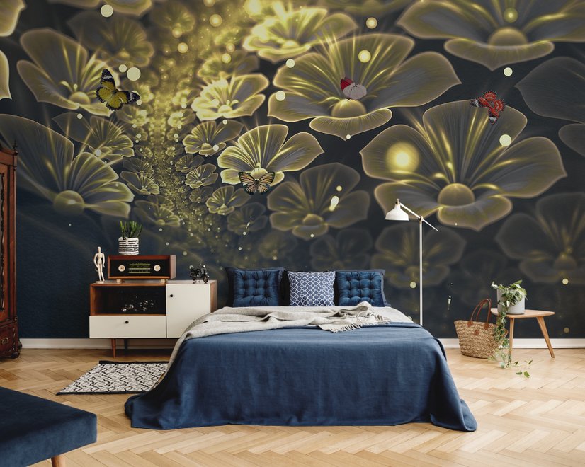 Dunkle Blumen auf gelbem Licht Fototapete