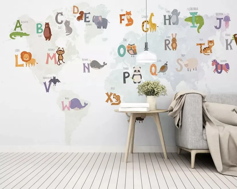 Kinder Alphabet Weltkarte mit Cartoon-Tieren Fototapete