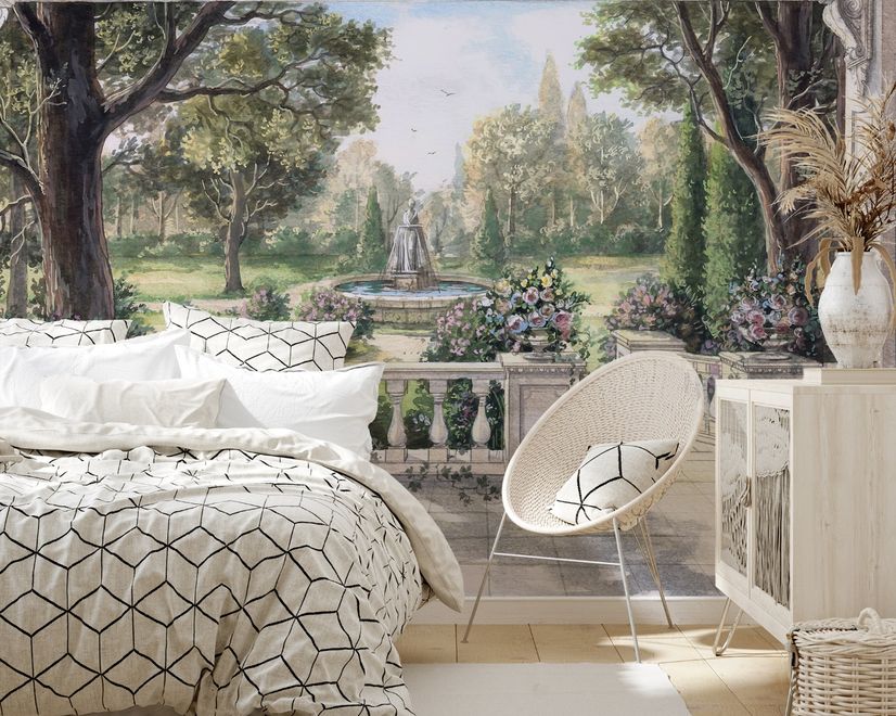 Soft Drawing Forest with Marble Fountain Wallpaper Mural