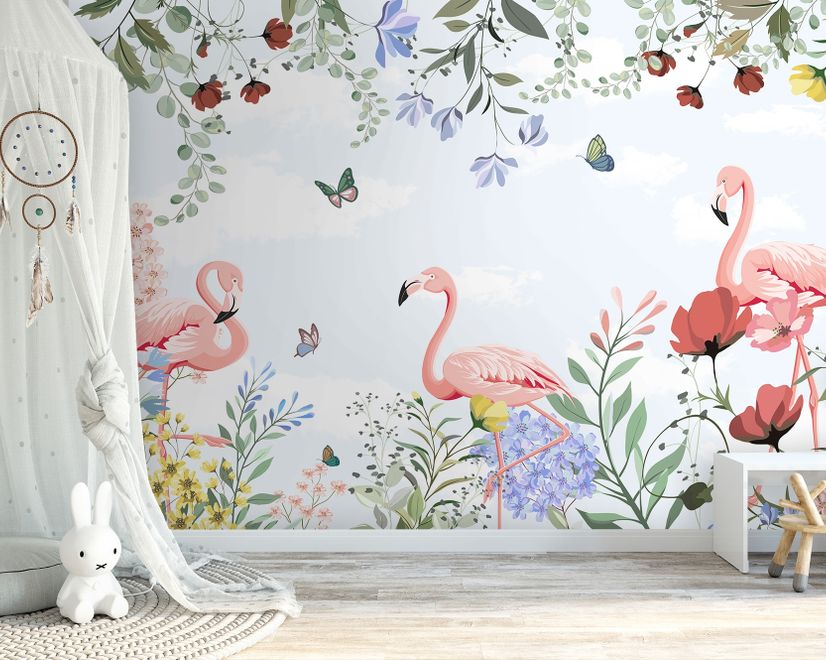 Flamingo with Colorful Floral Wallpaper Mural