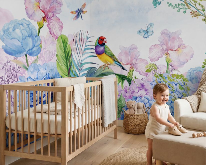 Hydrangea and Peony with Parrot Wallpaper Mural