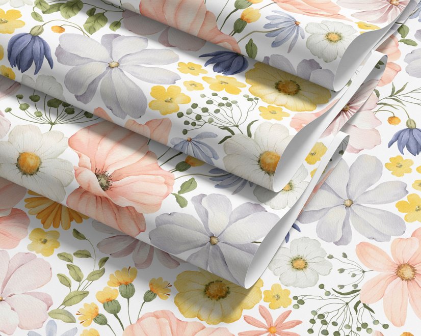 Spring floral wallpaper with pastel watercolour flowers and sage leaves on a clean white ground