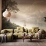 Landscape wallpaper mural with sepia coastal mountains, sailboat, beach figure and foreground tree