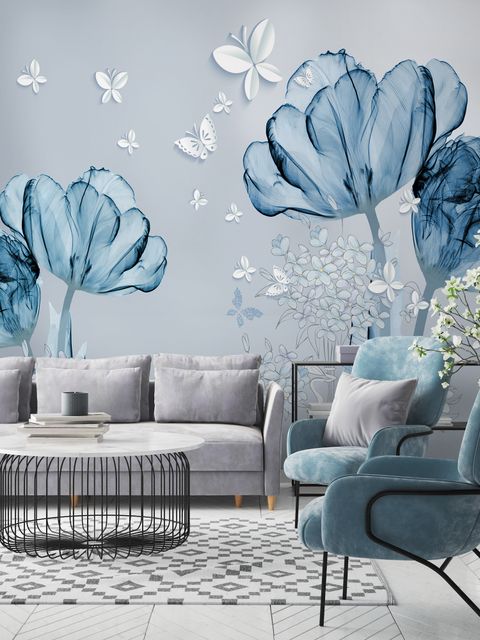 Papier peint panoramique bleu transparent, floral et papillons blancs