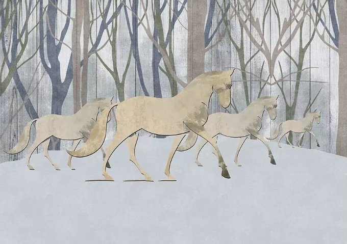 Papier peint panoramique chevaux abstraits et forêt