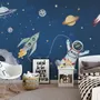 Kids Watercolor Space with Spaceship and Astronaut Wallpaper Mural