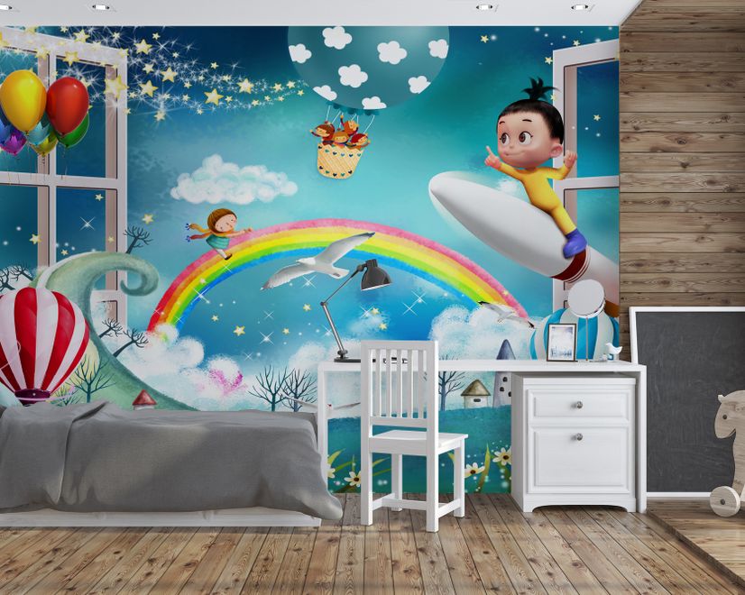 Cartoon Boo Monsters and Hot Air Balloon Wallpaper Mural