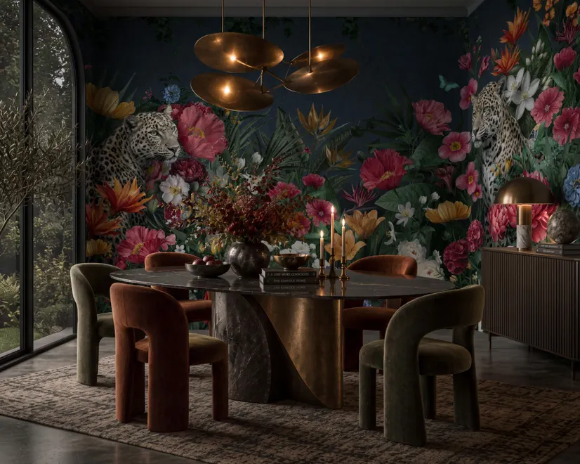 Elegant Tropical Botanical Floral and Leopard Wallpaper 