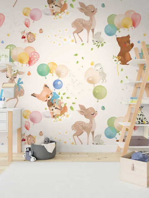Cute Animals Flying with Hot Air Balloons Kids Wallpaper Mural