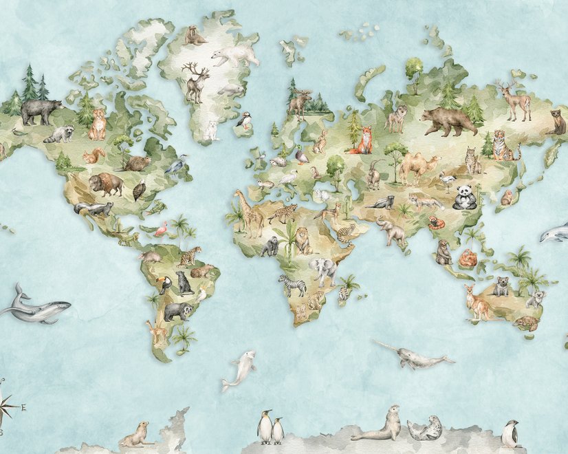 Watercolor Kids World Map with Soft Animals Wallpaper Mural