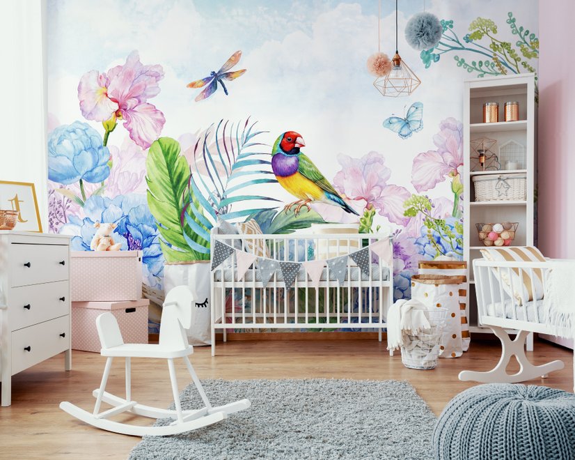 Fototapete Hortensie und Pfingstrose mit Papagei