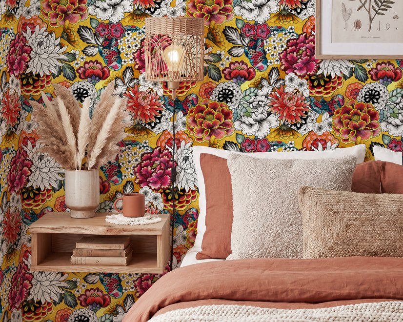 Floral and fish wallpaper with coral blooms, teal fish and black white flowers on metallic mustard-gold ground