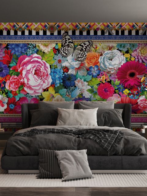 Bohemian Floral Wallpaper with Peony Dianthus Violet Wallpaper Mural