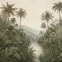 Misty tropical forest wallpaper with palms, pale river and hazy hills in muted green sepia