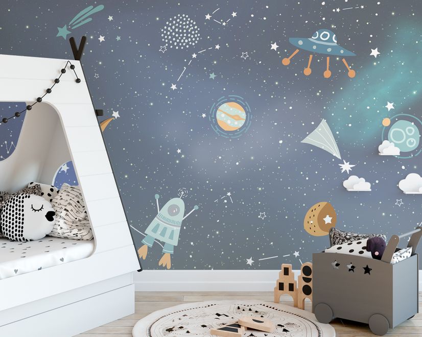 Kids Cartoon Space with Colorful Planets and Little Stars Wallpaper Mural