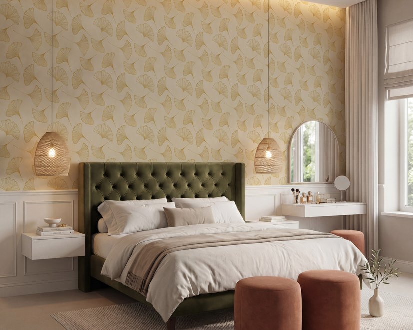 Ginkgo leaf wallpaper with ochre-gold linework on warm ivory and cream parchment ground