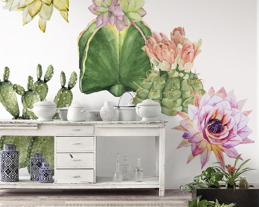 Watercolor Pink Yellow Cactus Florals Wall Decal Sticker