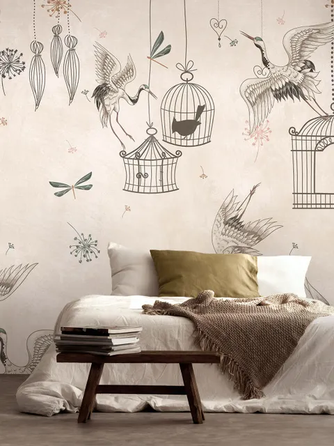 Japanese Crane Birds and Empty Cages Wallpaper Mural