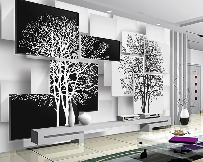 Black White Tree with Abstract Cube Wallpaper Mural