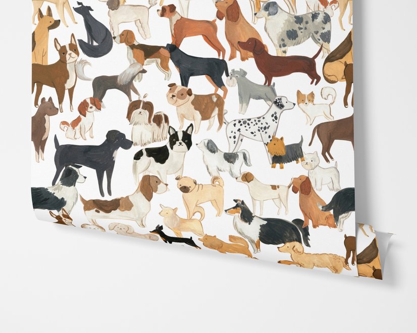 Zoomie kids wallpaper with painted dog breeds in tan, brown, black and grey on white