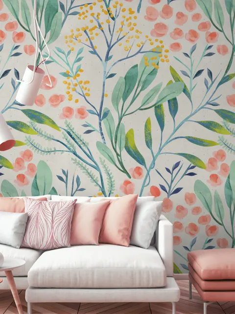 Papier peint fleurs vintage aquarelle feuilles botaniques