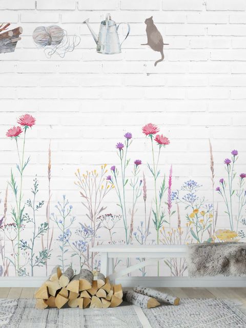 Papier peint panoramique aquarelle floral coloré avec mur de briques blanches