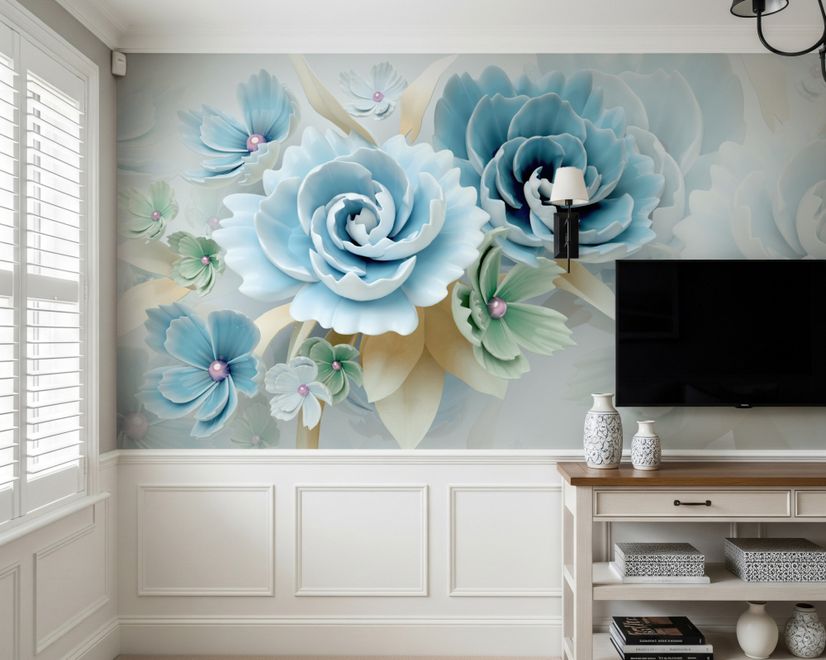 Papier peint panoramique floral bleu vert en 3D de style européen