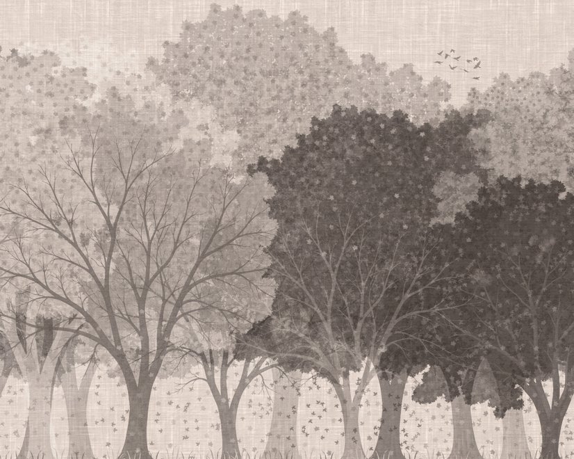 Misty forest nature wallpaper mural in greige, taupe and charcoal watercolour with birds