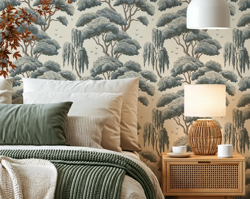 Vintage Japanese tree nature wallpaper with blue-grey canopies, willow foliage, birds and ivory-cream ground