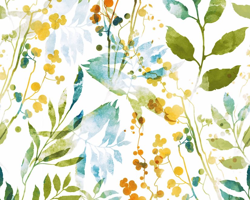 Bunte Aquarell-Blätter & Pflanzen Fototapete