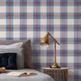 Blue and red plaid wallpaper with denim blue, cream and sky blue woven checks and fine red stripes