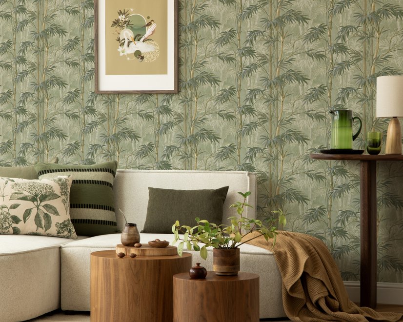 Light green and blue wallpaper with painted sage bamboo canes, olive leaves and pale celadon foliage ground