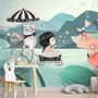 Süßes kleines Mädchen mit Katze und rosa Lotus Cartoon Fototapete für Mädchenzimmer