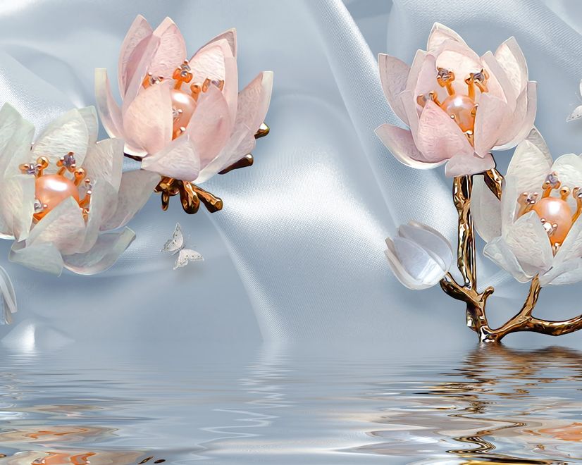 Pearl Lotus Flower and Little Butterfly Wallpaper Mural