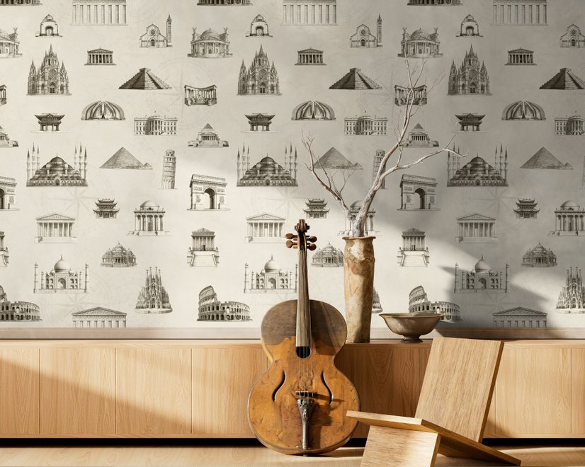 Vintage World Architecture Sketch Wallpaper Mural